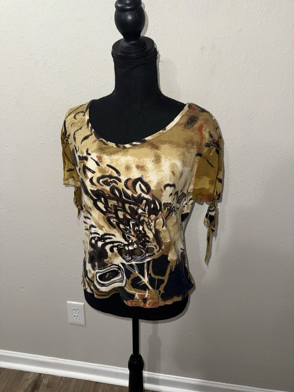 Lola P Women's Top Medium M Beaded Tie Sleeve Abstract Boho Brown Aztec
